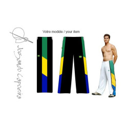Schwarze Relaxa Capoeira-Hose - mit blauen/gelben und grunen Teilen.